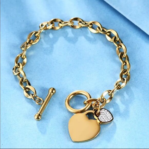 💗 18 k Gold Love Heart Chain Charms Bracelet - Picture 2 of 2